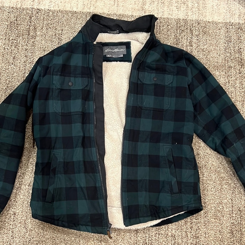 Eddie Bauer outdoor plaid coat with polyester lining. Men’s medium.